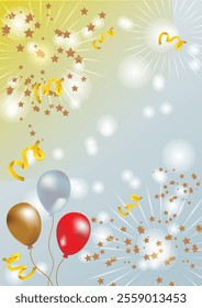 Colorful illustrations that express the joy of celebration with gold, silver and red balloons, stars, gold ribbons, sparkling fireworks. The background is light yellow and light blue.