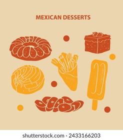 Coloridas ilustraciones de postres tradicionales mexicanos y otras comidas dulces. Churro, rey, tres leches, tres, leche, sartén, dulce, tostones, fritos, plátanos, paleta, paletas.