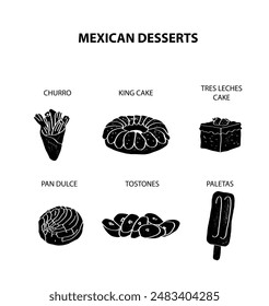 Colorful illustrations of traditional mexican desserts and other sweet meals. Churro, king, tres leches, three, milk, pan, dulce, tostones, fried, bananas, paleta, paletas.	