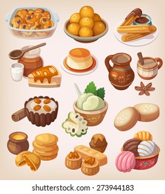 Colorful illustrations of traditional mexican desserts and other sweet meals