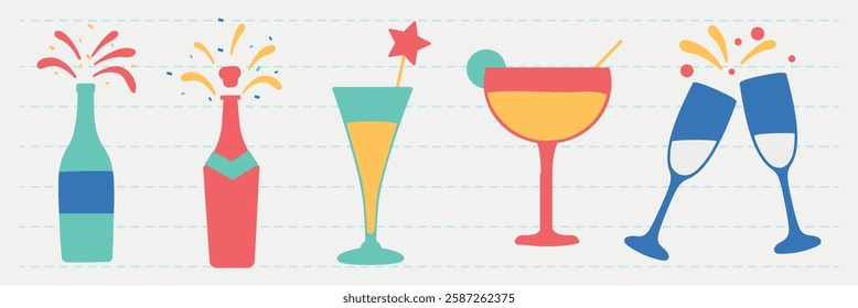 Colorful illustrations of various drinks, including champagne, cocktails, and bottles, with festives like stars and splashes, creating a celebratory vibe. Party illustrations, isolated vector set.