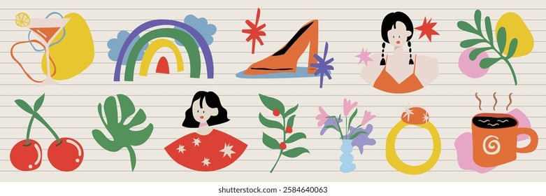 Colorful illustrations of various objects: cocktail, rainbow, shoe, women, plants, cherries, ring, and coffee. Vibrant and playful design elements. Doodle illustration vector.