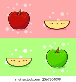 Colorful illustrations of whole and sliced red and green apples on a pink and green background. The playful design features vibrant colors and bubble-like accents for a fresh, fun aesthetic.