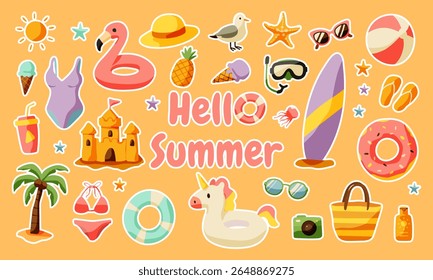 Uma imagem colorida de itens de praia e um chapéu flamingo rosa com as palavras Hello Summer escritas abaixo