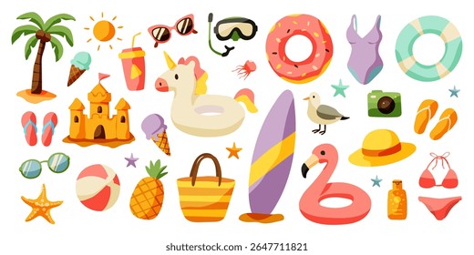 A colorful image of beach items such as a surfboard, a pink flamingo, a pineapple, and a castle