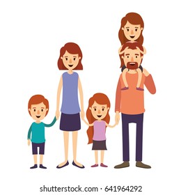 colorful image caricature big family parents with girl on his back and children taken hands vector illustration