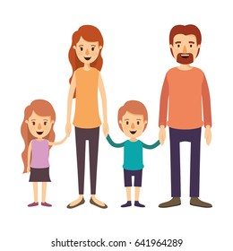 colorful image caricature family group with parents and children taken hands vector illustration