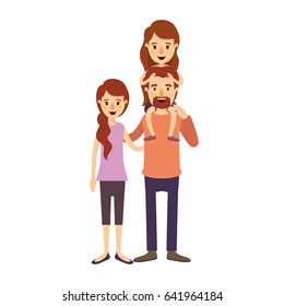 colorful image caricature family with mother and father with moustache and girl on his back vector illustration