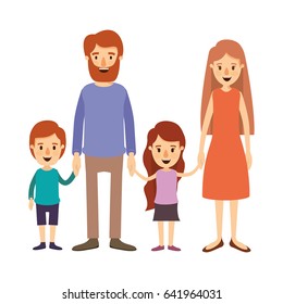 colorful image caricature family with parents and little kids taken hands vector illustration