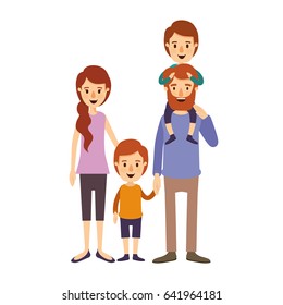 colorful image caricature family parents with boy on his back and girl taken hands vector illustration