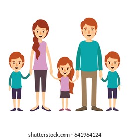 colorful image caricature family with young parents and little kids taken hands vector illustration