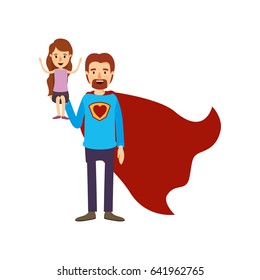 colorful image caricature full body super dad hero with girl on his hand vector illustration