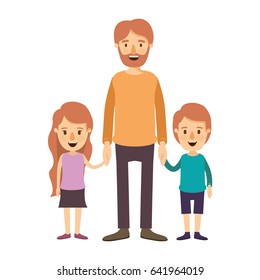 colorful image caricature full body bearded man taken hand with girl and boy vector illustration