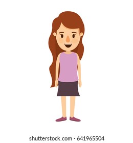 colorful image caricature full body woman with wavy long hair in skirt vector illustration