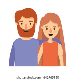 colorful image caricature half body couple woman with long hair and bearded man vector illustration