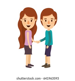 colorful image caricature side view full body couple in casual clothing handshake vector illustration