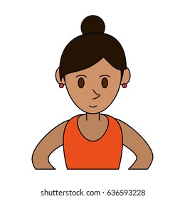 colorful image cartoon half body woman with collected hairstyle and earings