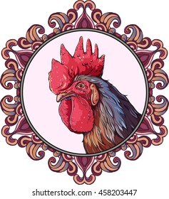 Colorful image of cocks head with  black feathers in a frame of floral elements.