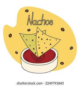 Colorful image of Corn Mexican chips Nachos and sauce in the bowl with lettering Nachos by hand