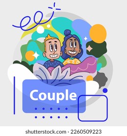 Colorful image of a couple, cartoon strength. Wall art. Printing. Postcard. Design. Flat design.  Web. Social media, posts and stories. Sales and store. Family. 