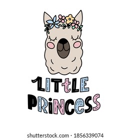 Colorful image of cute cartoon head of llama and lettering - little princess - in vector graphic. For the design of postcards, posters, notebook covers, prints for t-shirts, mugs, pillows.