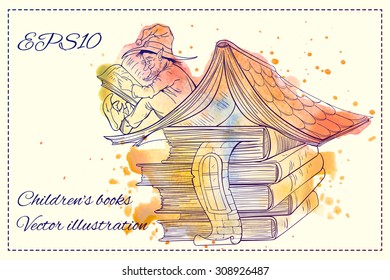 Colorful image of a dwarf sitting on a roof of house and readign book