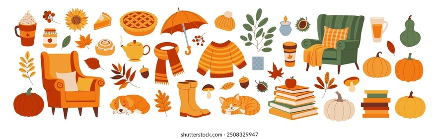 A colorful image of a fall scene with various items such as a chair, a book, a pumpkin, and a cup