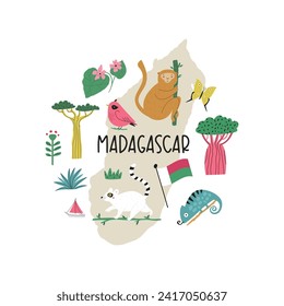 Colorful image, frame art with animals, landmarks, symbols of Madagascar island. Vector illustration, good for posters, frame art, travel leaflets, magazines, souvenirs