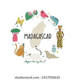 Colorful image, frame art, circle design with animals, landmarks, symbols of Madagascar island. Vector illustration, good for posters, frame art, travel leaflets, magazines, souvenirs