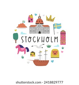 Colorful image, frame art, circle design with animals, landmarks, symbols of Stockholm cite, Sweden.
