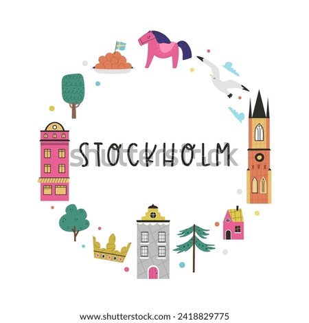 Colorful image, frame art, circle design with animals, landmarks, symbols of Stockholm cite, Sweden.