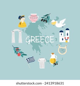 Colorful image, frame art with landmarks, symbols of Greece. Vector illustration, good for posters, frame art, travel leaflets, magazines, souvenirs