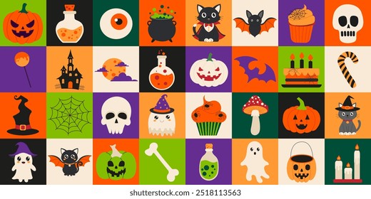 A colorful image of Halloween decorations including skulls, pumpkins, and bats. Scene is festive and playful