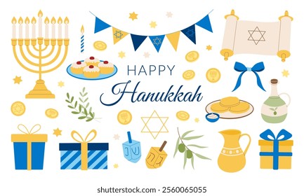 A colorful image of Hanukkah decorations and food. The image is titled "Happy Hanukkah" and features a variety of symbols and items associated with the holiday