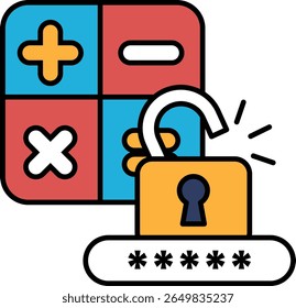 A colorful image of a lock with a key and a calculator. The lock is open and the key is missing. Concept of unlocking a mystery or solving a problem