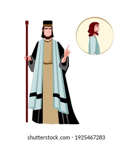 Colorful image of a Pharisee pointing his finger at Jesus Christ, simple flat cartoon illustration for the gospels, figure of a religious holy men in traditional clothes, characters isolated on white.