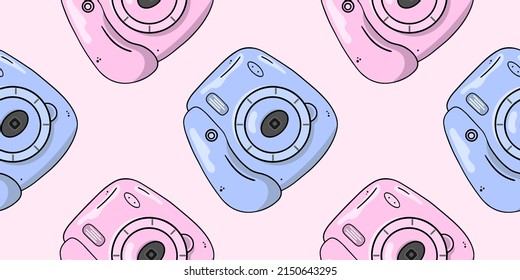 Colorful image photo camera, camera, vector seamless pattern in the style of doodles, hand-drawn