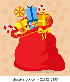 Colorful image of Santa's bag with a set of gifts and sweets. Merry Christmas and Happy new year 2023. Vector illustration