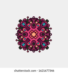Colorful image in the shape of a circle. Abstract mandala, beautiful pattern. Vector illustration in pixel art style.