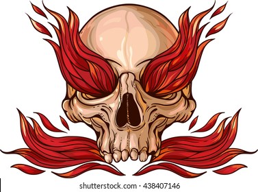 Colorful image of skull with fire inside.