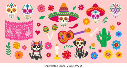 Una colorida Imagen de calaveras, flores y un sombrero. La Imagen es una representación de la cultura mexicana y la idea es celebrar el Día de Muertos