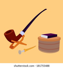 colorful image of smoking pipe, tobacco can, tamper and matches