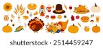 A colorful image of a Thanksgiving table with various foods and decorations. The table is filled with pies, apples, corn, and other fall foods. There is a pumpkin, a turkey, and a lantern on the table