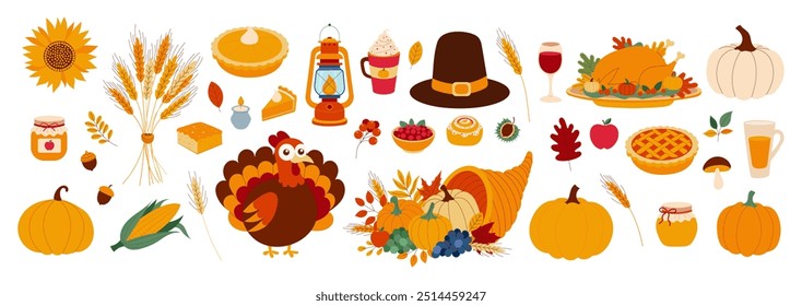 Ein buntes Bild eines Thanksgiving-Tisches mit verschiedenen Speisen und Dekorationen. Der Tisch ist mit Kuchen, Äpfeln, Mais und anderen Herbstspeisen gefüllt. Da steht ein Kürbis, ein Truthahn und eine Laterne auf dem Tisch