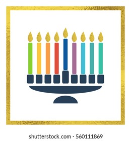 Colorful image of traditional menorah with golden flames.