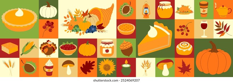 A colorful image of various fall foods, including pies, pumpkins, and apples. Scene is festive and celebratory, as it is likely meant to represent the season of fall