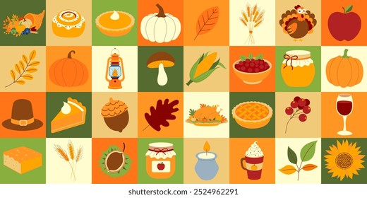 A colorful image of various fall foods, including pies, apples, and pumpkins. Scene is festive and celebratory, as it is likely meant to represent the season of fall and Thanksgiving