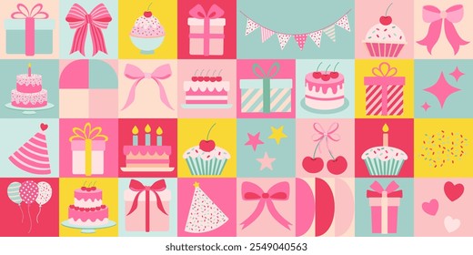 A colorful image of various party items such as cakes, cupcakes, balloons, and presents. Scene is celebratory and festive