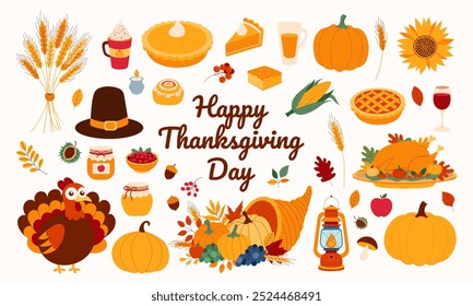 A colorful image of various Thanksgiving foods and decorations, including a turkey, pumpkin, and pie. The image is titled "Happy Thanksgiving Day" and conveys a warm and festive mood