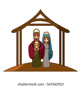 colorful image with virgin mary and saint joseph with baby in arms under manger and middle shadow